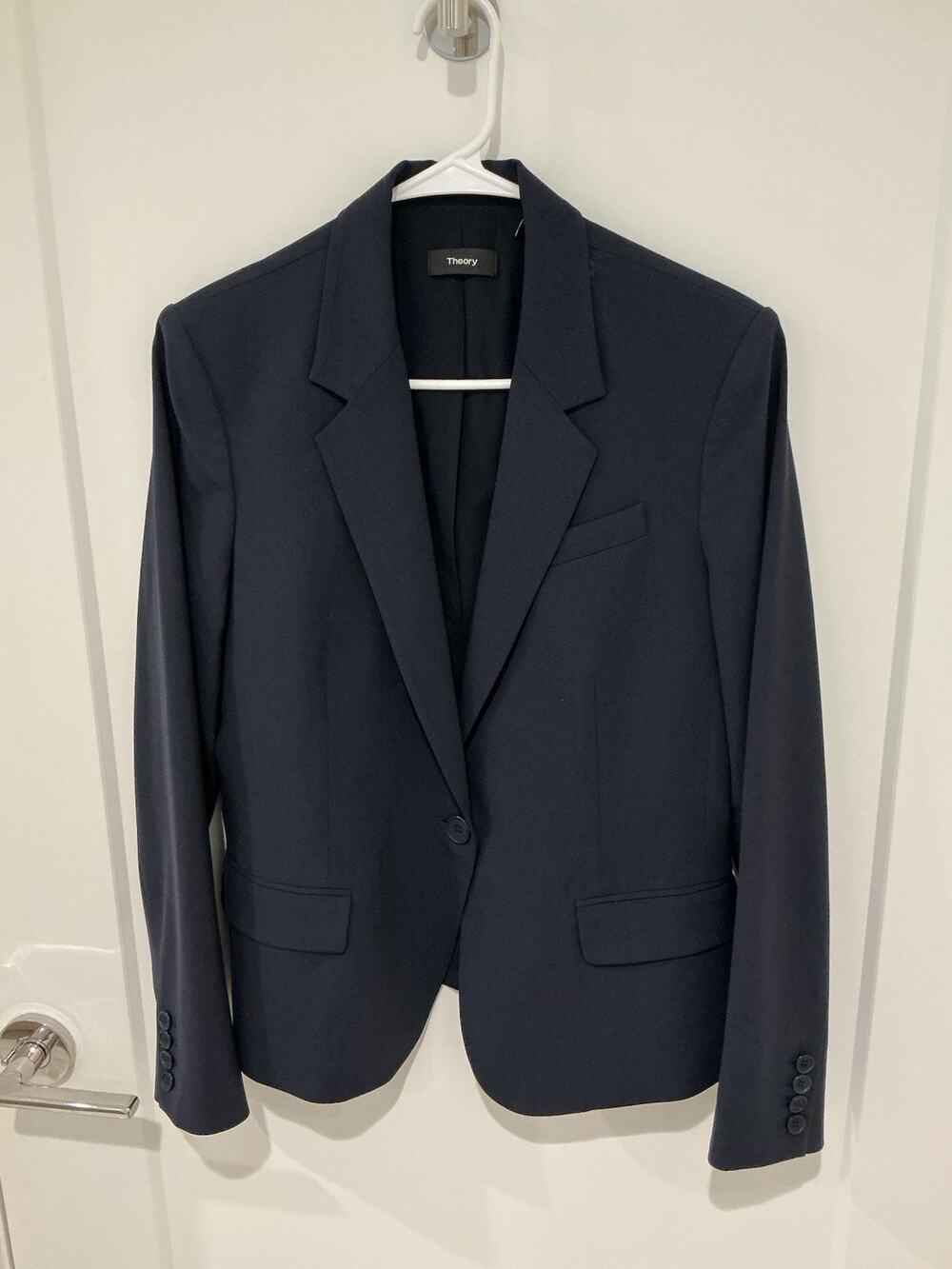 Theory Womens Professional Wool Blazer Navy One-Button Work Jacket Size 10